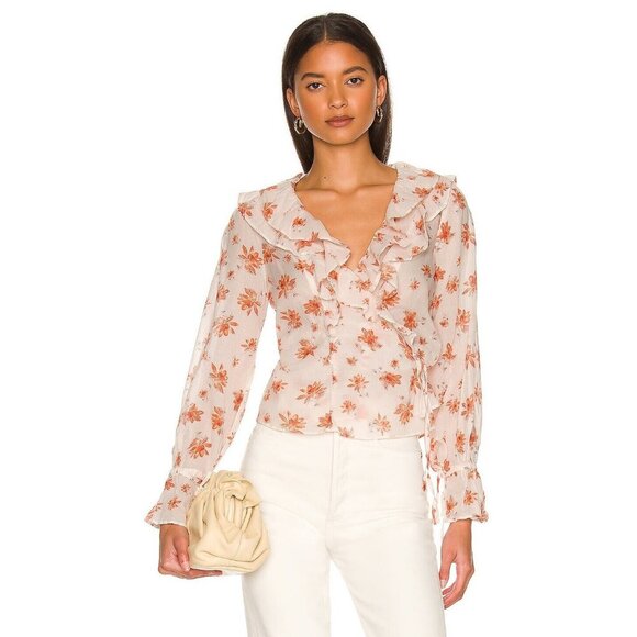 Free People Amanda Ruffle Top Womens S White Orange Floral Wrap Gauzy Sheer Boho - Picture 1 of 13